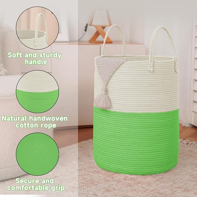 Large Woven Laundry Basket Hamper, 60L Cotton Rope Storage Bin - Image 6