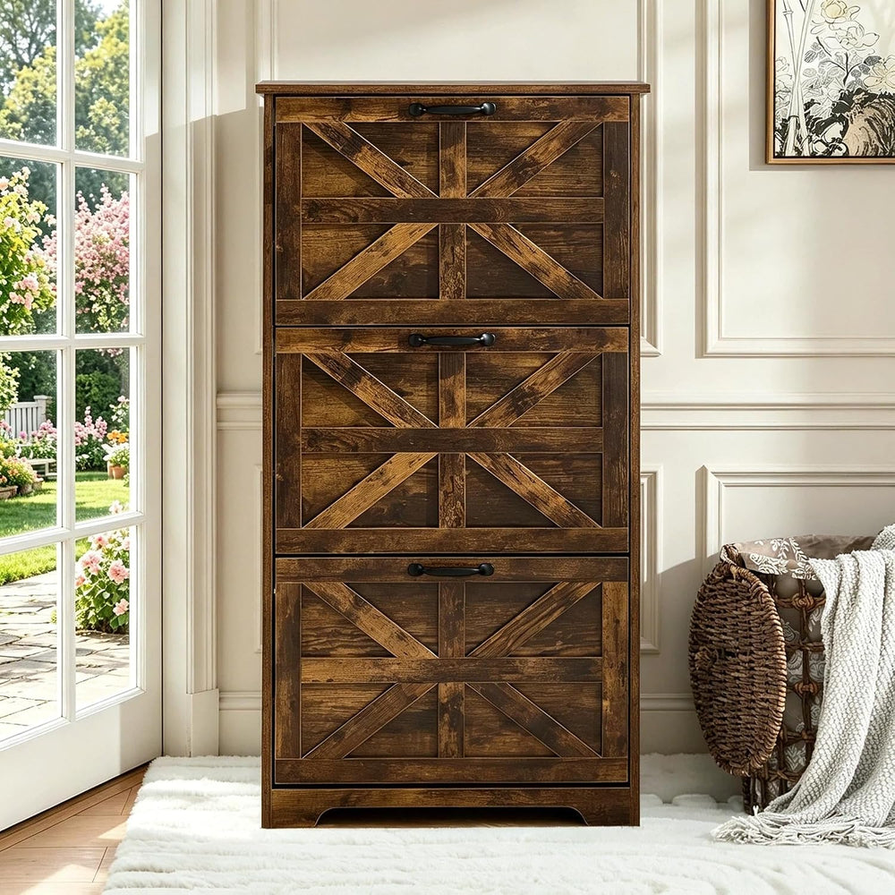 Shoe Cabinet with 3 Flip-Up Drawers, Adjustable Wooden Shoe Organizer with Sh...