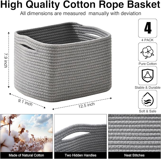 Small Storage Baskets for Shelves Organizing, Woven Cotton Rope Baskets for - Image 3