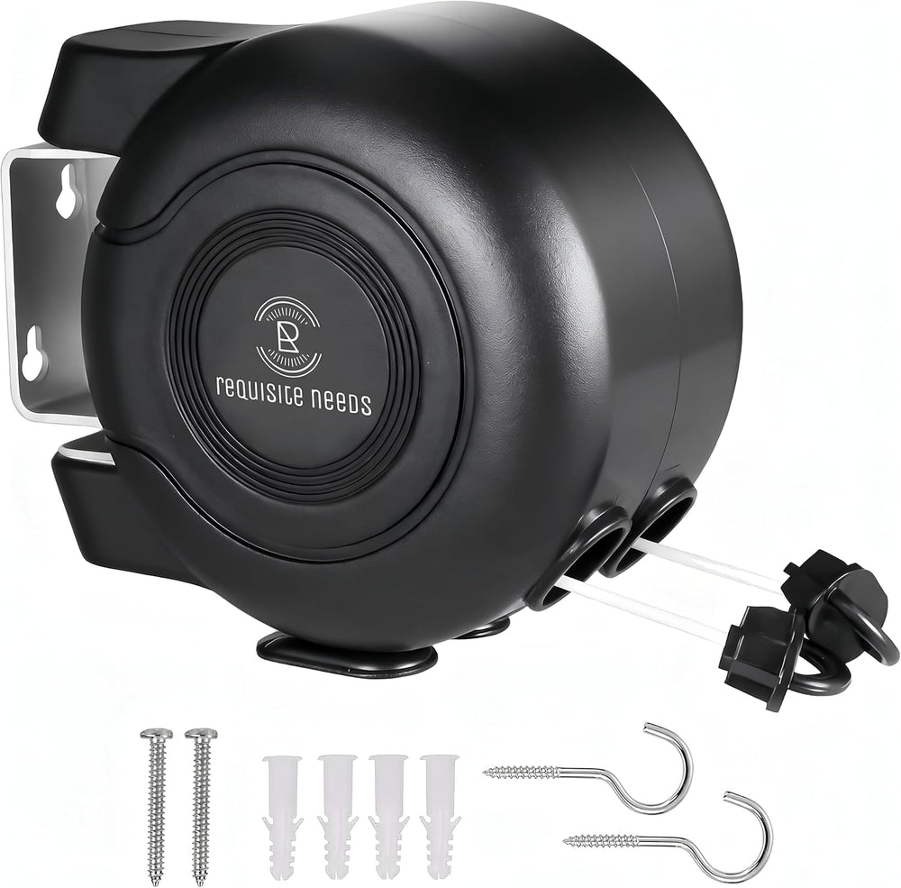 REQUISITE NEEDS Wall Mounted Twin Cable Retractable Washing Line, Black, Heav...