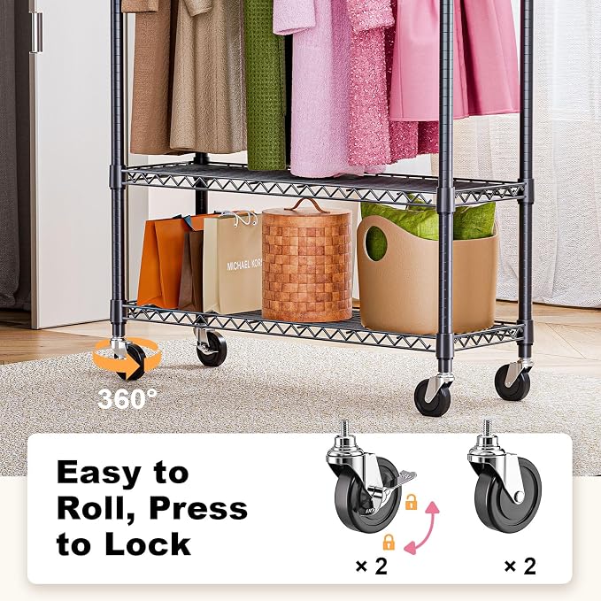 Heavy Duty Rolling Garment Rack 3 Tiers Adjustable Wire Shelving Clothes Rack - Image 3
