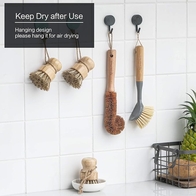 Natural Bamboo Dish Brush Bottle Scrub Brush 4-Piece Set, - Image 7