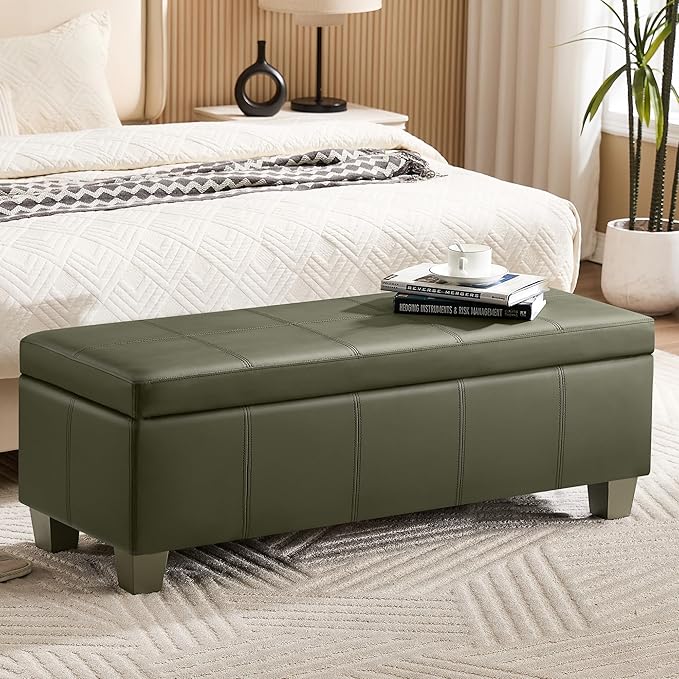 51" Faux Leather Storage Ottoman, Stitch Tufted Rectangle Upholstered End of by WUTUTUEE
