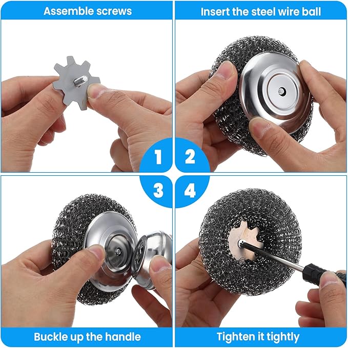 4 Pcs Steel Wool Scrubber with Handle Heavy Duty Metal Pot Scrubber Brush 16 - Image 5