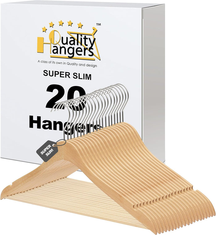 Quality Hangers 16.5" Wooden Hangers Multi Pack, Ultra Thin Space Saving Natural, 360 Degree Swivel Hook, Best for Shirts, Blouses, Pant, Suit, Coat, Dress Hangers Natural (20, Natural, With Pant Bar)