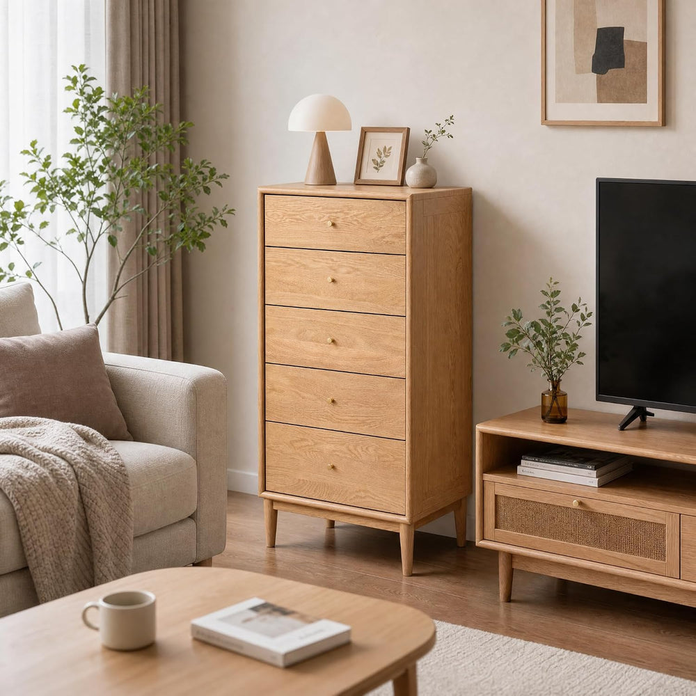 Solid Oak Wood Dresser, 5 Drawer Dresser for Bedroom, Solid Wood Nightstand w...