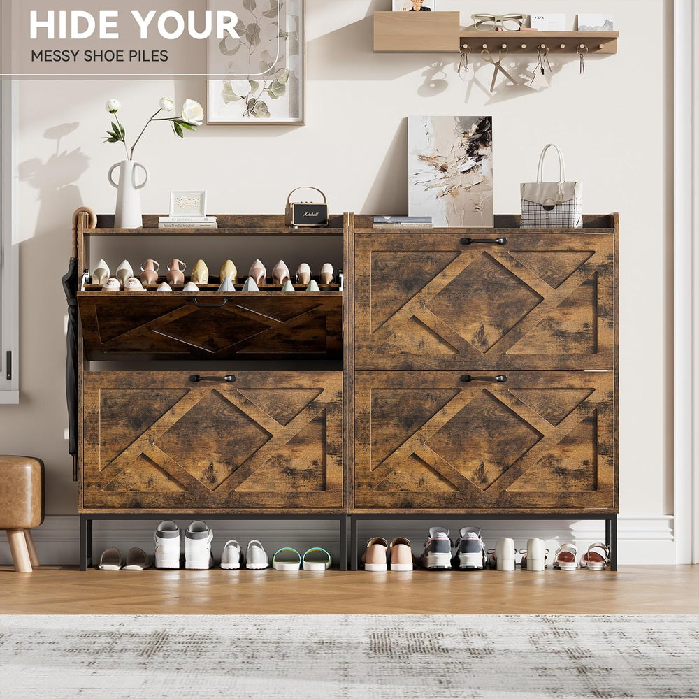 Nicetree Shoe Storage Cabinet with 2 Flip Drawers, Freestanding Wood Shoe Org...