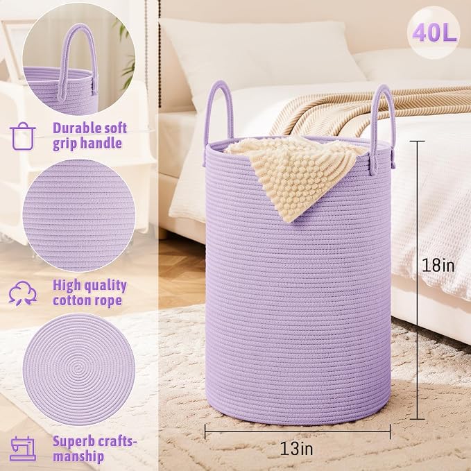 Laundry Basket, Woven Cotton Rope Laundry Hamper, 40L - Image 6