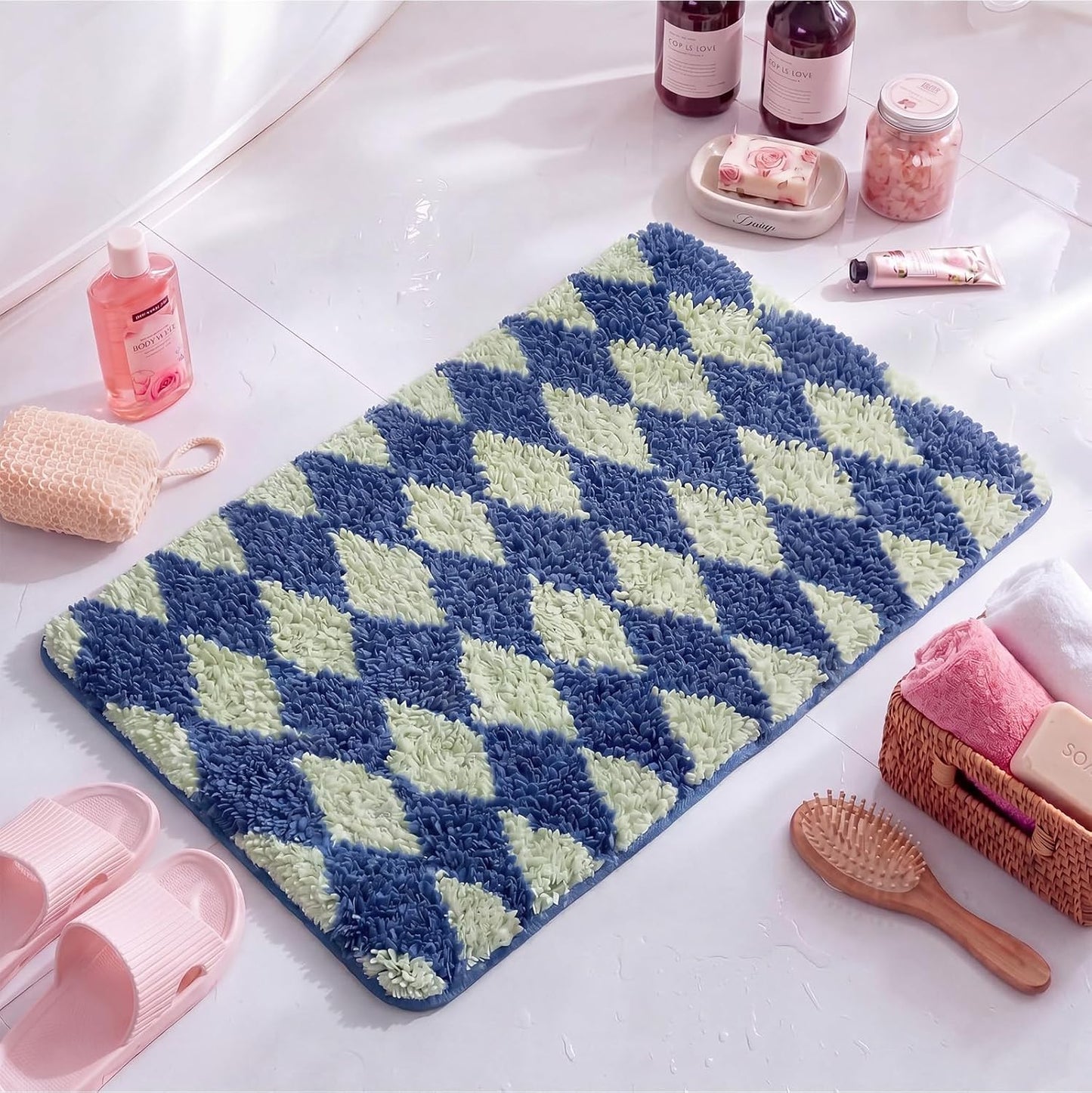 Kacctyen Checkered Bath Mat 24x16 Inch Cute Diamond Tufted Bathroom Rug Soft Absorbent Non-Slip Washable Microfiber for Tub Shower Apartment Dorm Home Decor(Blue and Green)