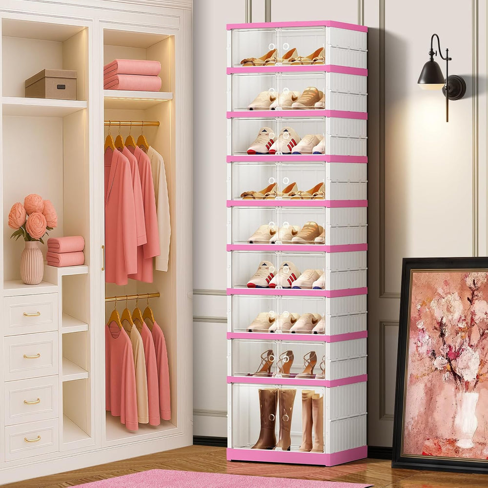 CIMLORD 9-Tier Foldable Shoe Rack Organizer with Doors, 18 Pairs,White-Pink