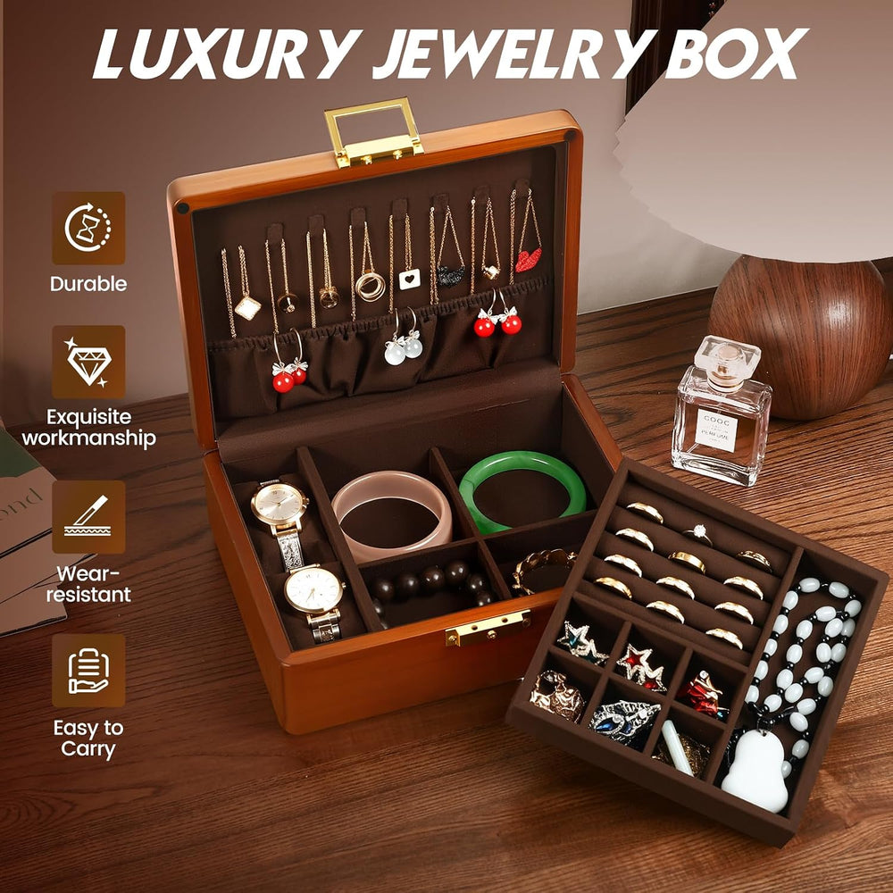 2 Layer Anti Tarnish Solid Wood Jewelry Organizer Box with Lock