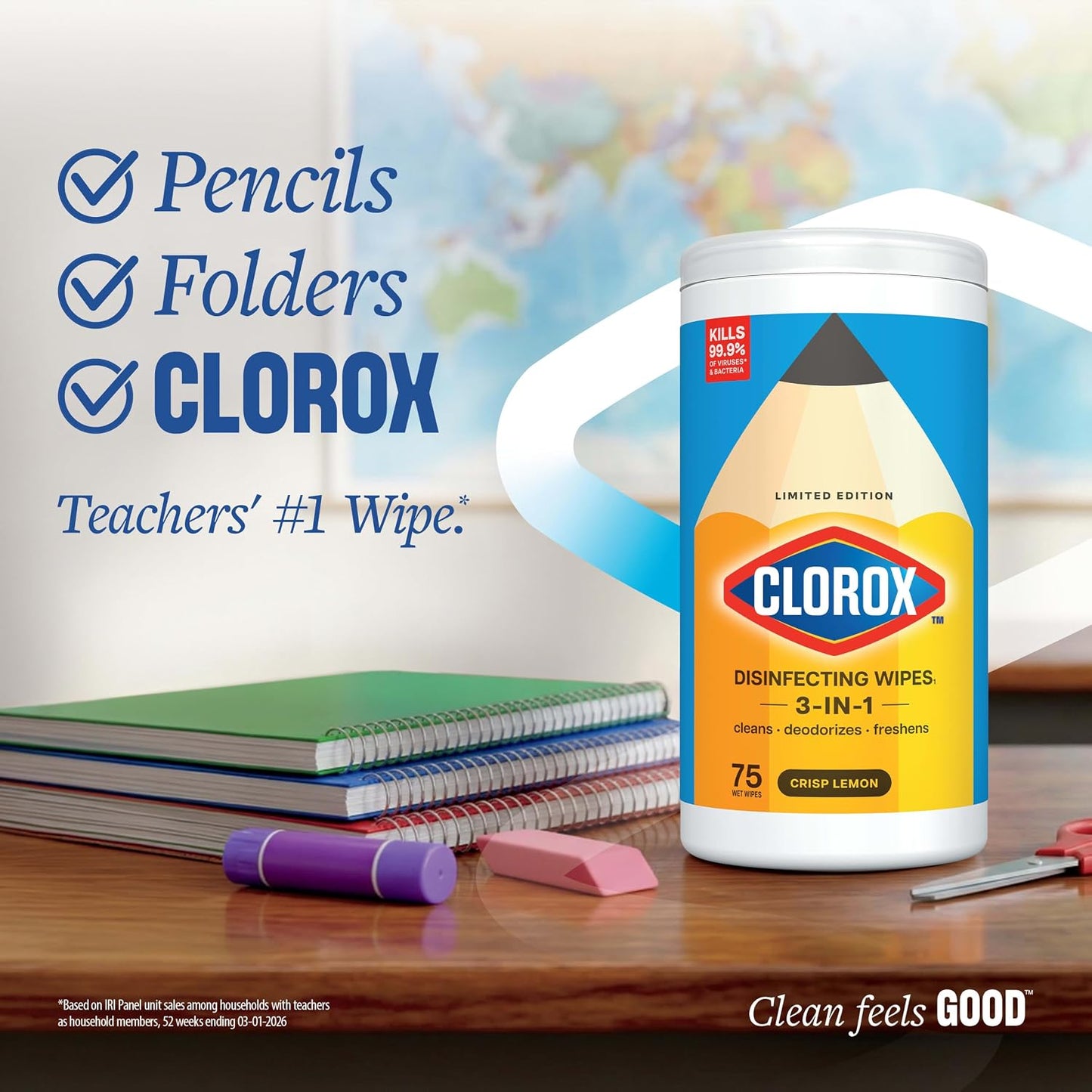 Clorox Disinfecting Wipes Back to School, Bleach Free, Fresh Scent, 75 Count (Pack May Vary)
