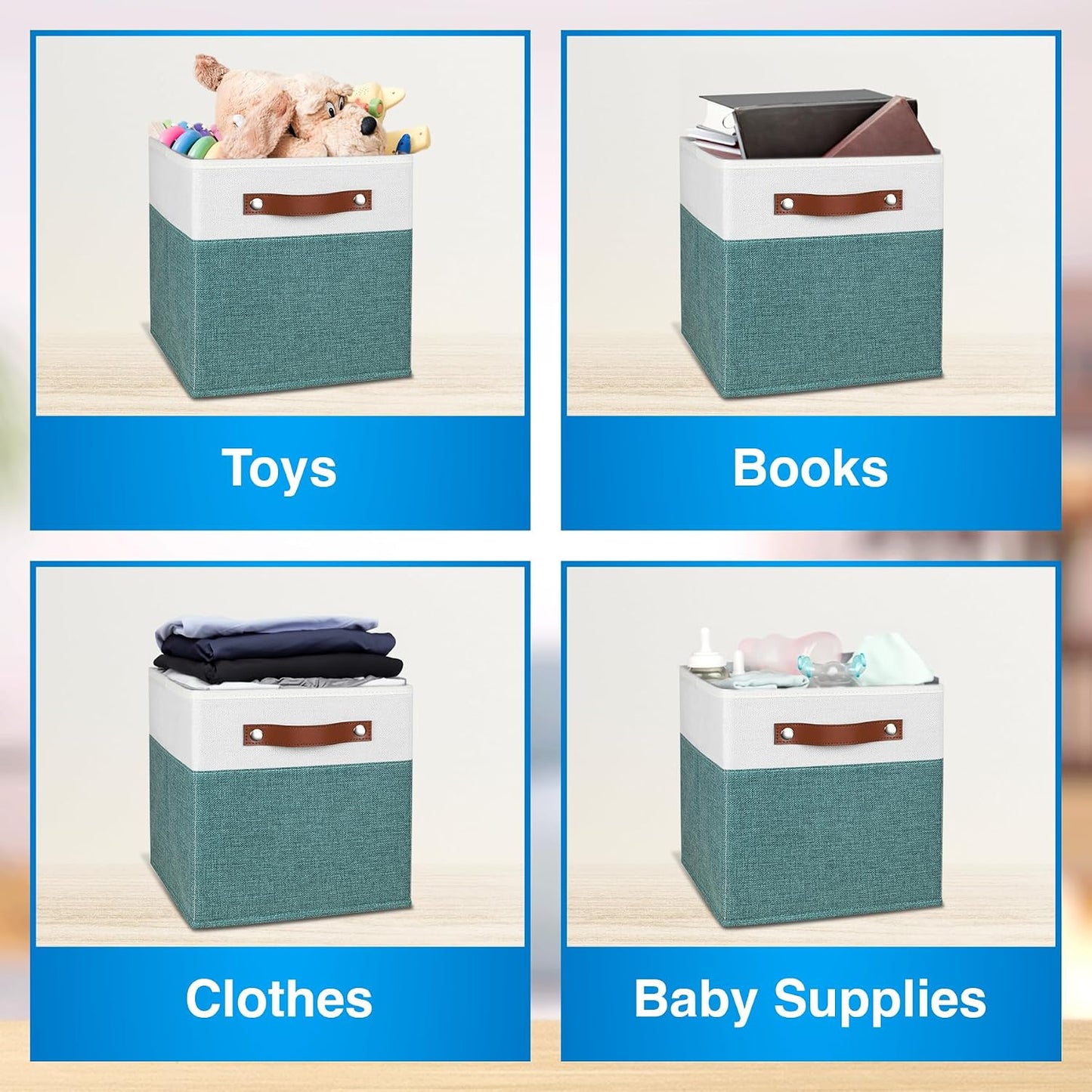 11 Inch Cube Storage Bin - 4 Pack - Linen Fabric 11x11 Cube Storage Bins for Bedroom, Living Room, Clothes and Toys; Foldable, Dual Leather Handles
