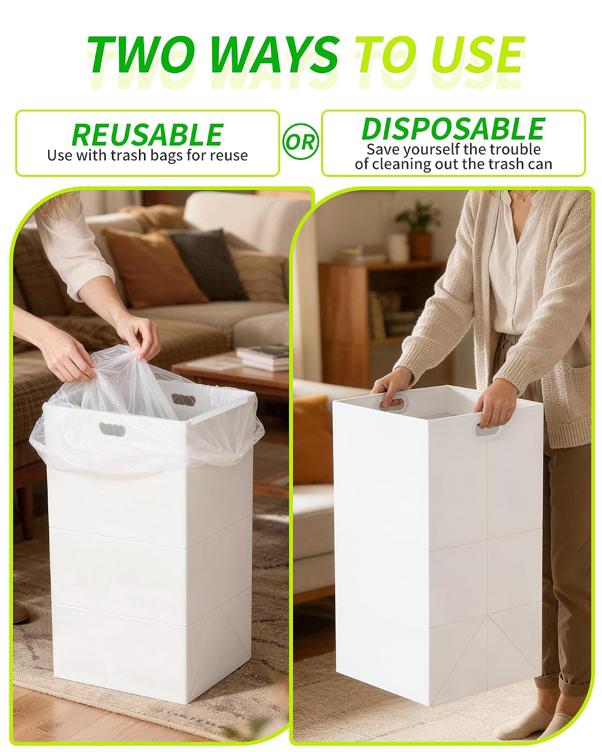 Kaiferty 13 Gallon Disposable Trash Cans for Parties, 2 Pack Extra Large Collapsible Pop Up Trash Can with Handles, Portable Cardboard Garbage Can & Recycling Bin for Party Kitchen Camping, White