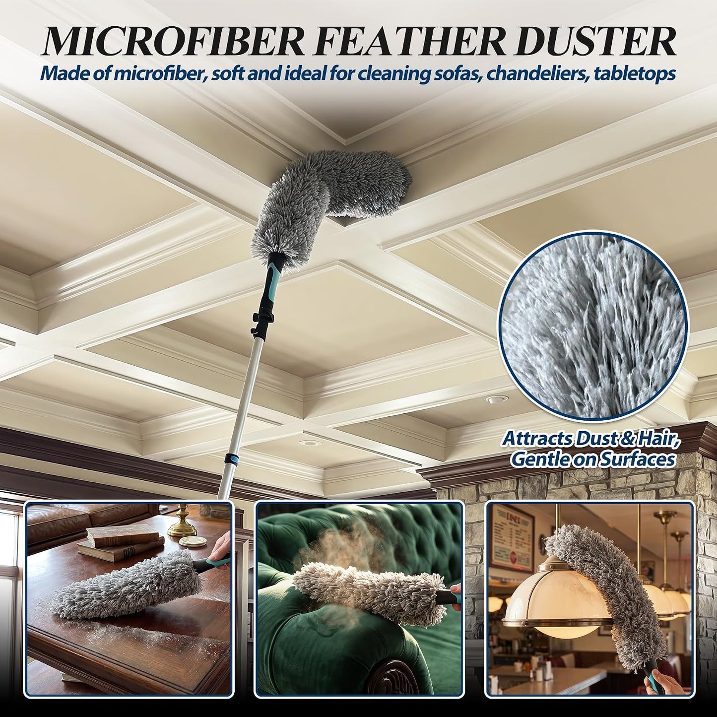 COVERONICS 20FT High Duster Cleaning Tools with 3-12FT Extension Poles - Reusable Fan Duster Cleaning Kits with Ceiling Fan Cleaner Duster, Window Squeegee, Microfiber Feather Duster & Cobweb Duster