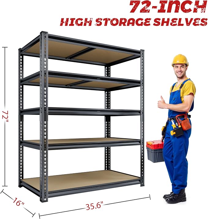 72"H Storage Shelves heavy duty, 2000LBS Garage Shelving, 5 Tier Metal Shelving - Image 3
