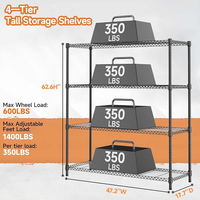4 Tiers Storage Shelves Load 1400LBS, Metal Shelving Wire Metal Shelving Unit - Image 3