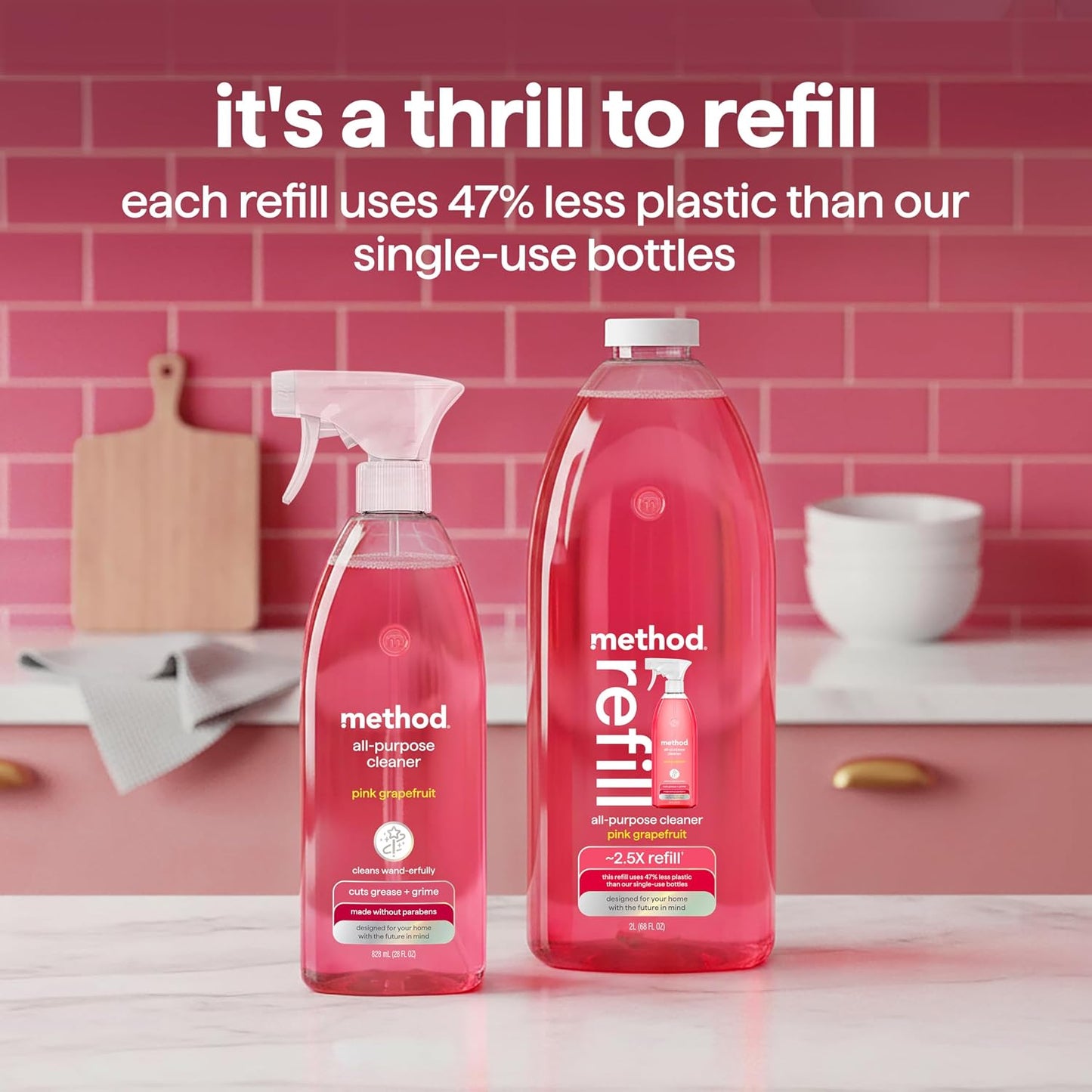 method All-Purpose Cleaner Refill, Pink Grapefruit, 68 fl oz, 6 pack | Cuts Grease & Grime on Counters, Glass, Sealed Wood & Floors, for Kitchen & Bathroom, Controlled Mist, Streak Free