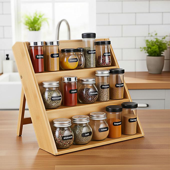 Bamboo Spice Rack Organizer for Kitchen Counter, 3 Tier Foldable Spice Shelf - Image 2