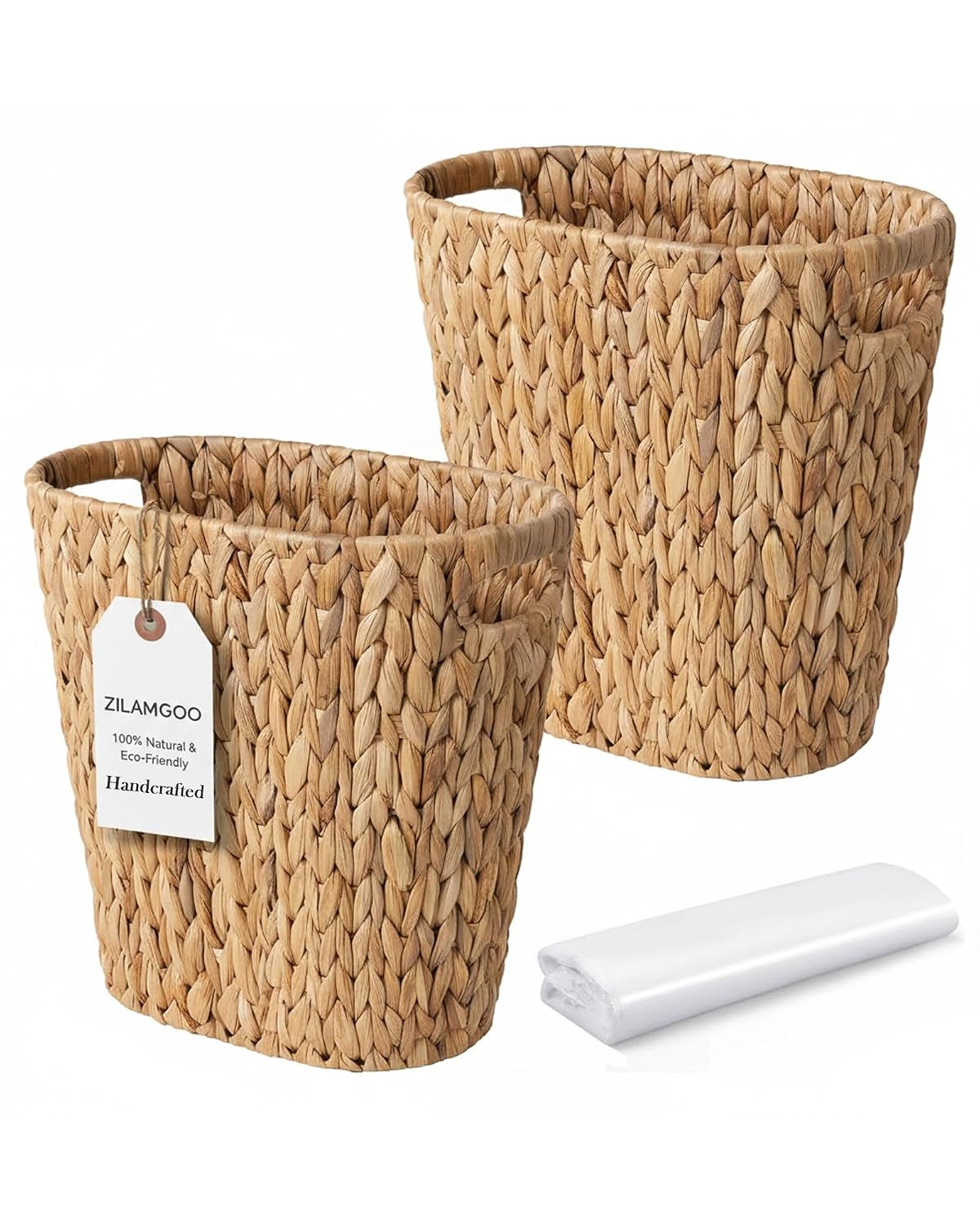 2-Pack Slim Water Hyacinth Trash Can Wicker Waste Basket with Handles | Handwoven water hyacinth over an iron frame with wood handles. Slim oval shape fits bathrooms & offices. Rustic boho decor