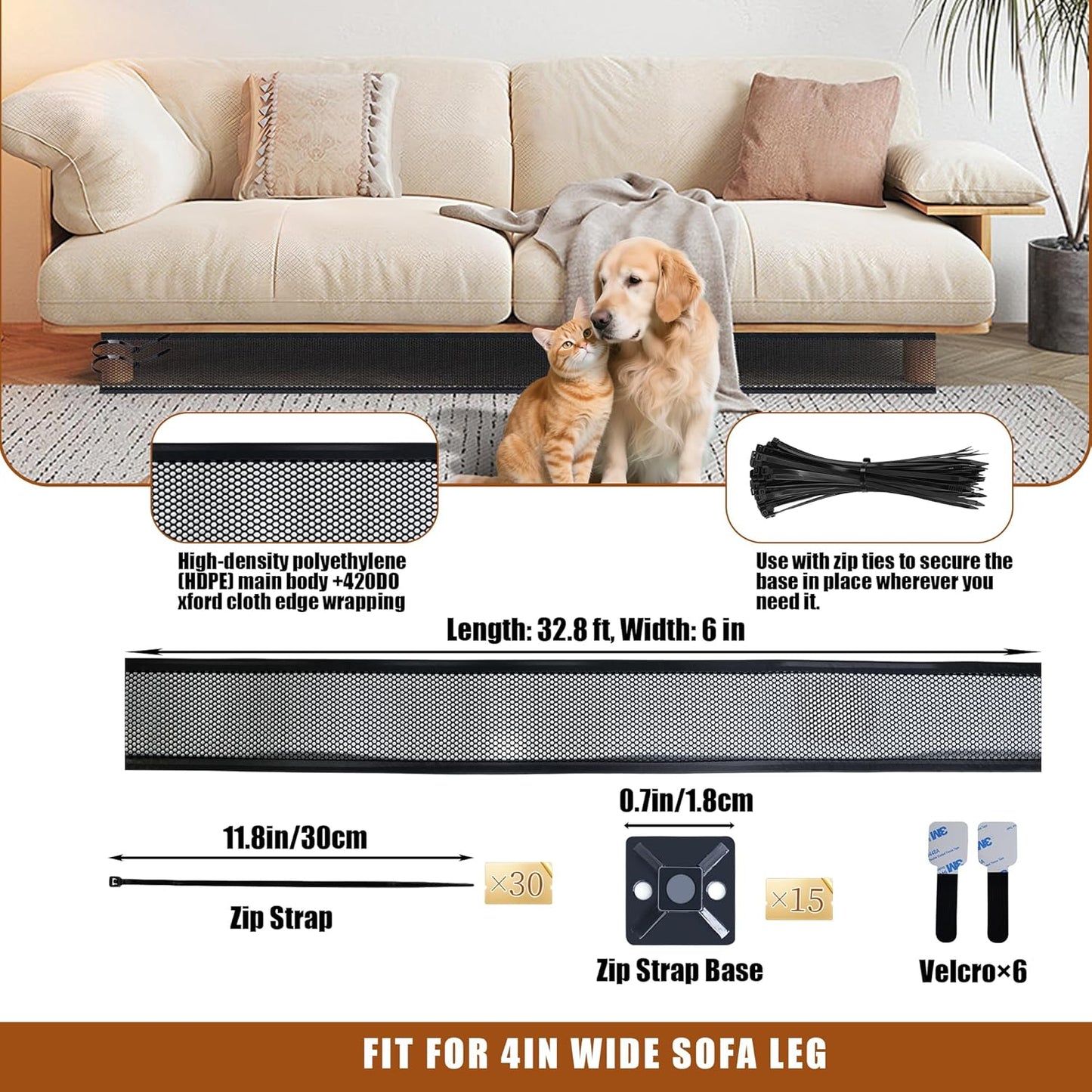 Under Couch Blocker for Pets and Toys, 6in x 32.8ft Upgraded Under Bed Blocker with 15 Mounting Bases and 6 Hook and Loop, Toy Blocker for Couch, Stop Cats Dogs Going Under Sofa (Black)