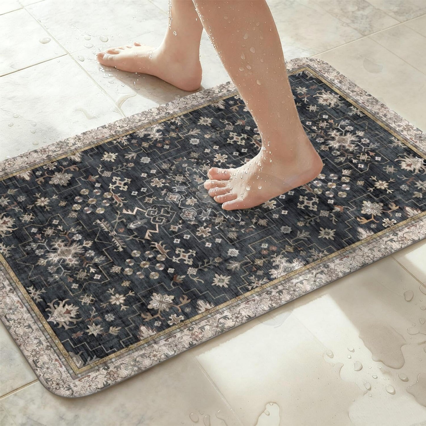 Thin Bath Mats for Bathroom Under Door, Vintage Boho Bathroom Rugs Non Slip with Rubber Backing, Quick Dry Washable Cute Small Bath Rug for Shower, Tub, Sink Floor, Black,1'5"x2'3"