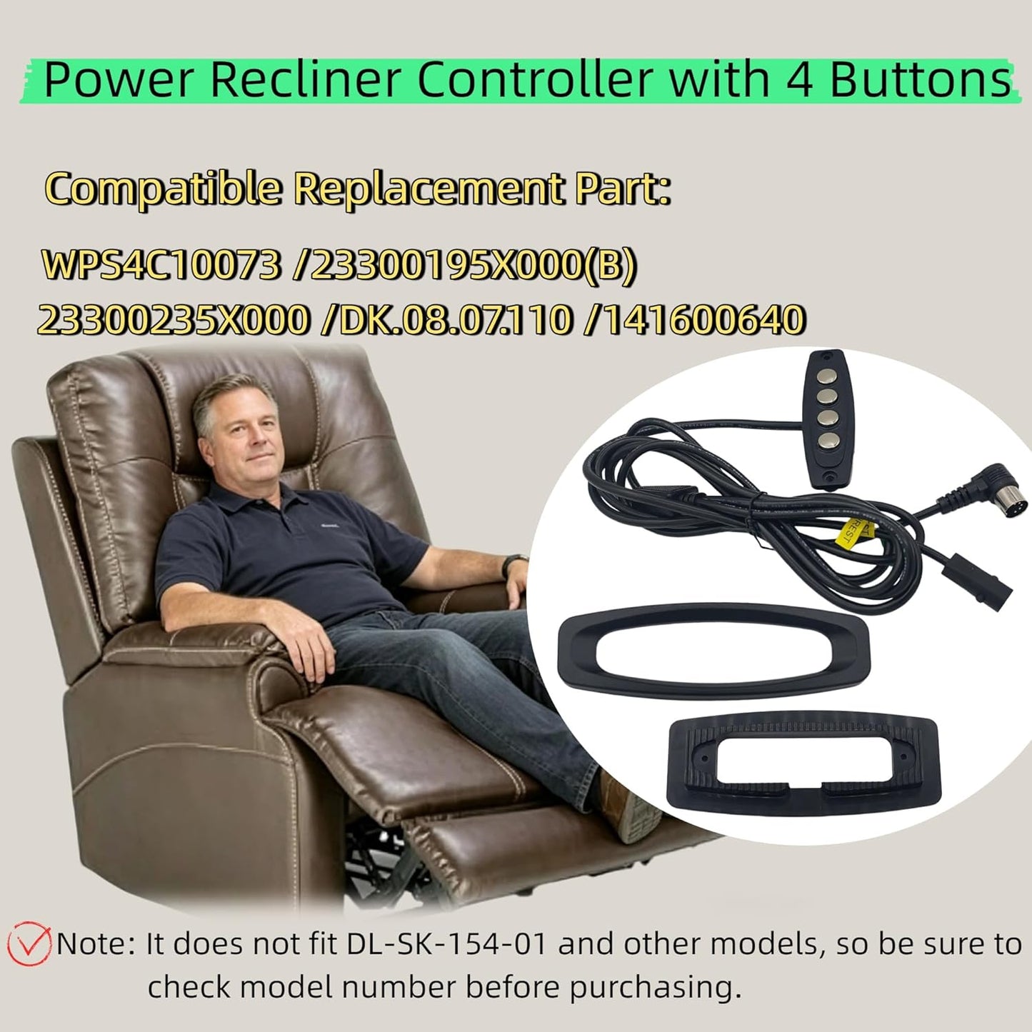 WPS4C10073 Power Recliner Controller, 4-Button Lift Chair Hand Control Replacement with 5+2 Pin Connector, Compatible with 23300195X000(B) 23300235X000 DK.08.07.110 141600640