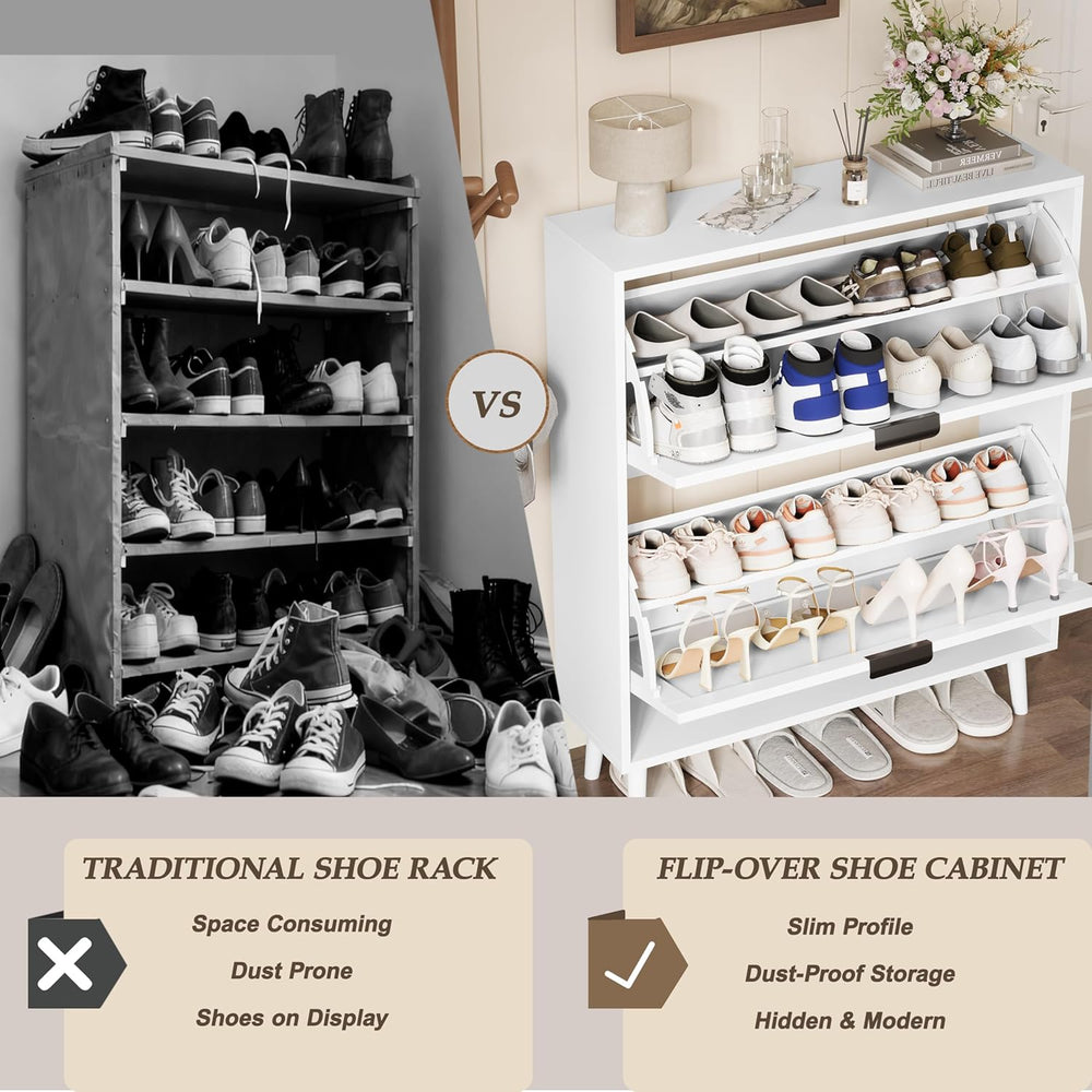 Shoe Storage Cabinet with 2 Flip Drawers, Narrow Wood Shoe Organizer Cabinet ...