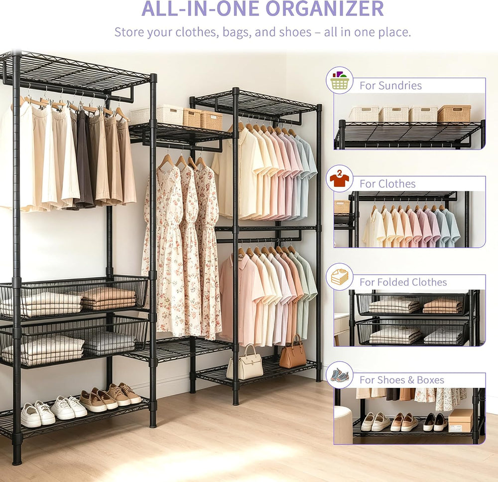 Heavy Duty Clothes Rack, Garment Rack with 4 Hanging Rods, 6 Adjustable Wire ...