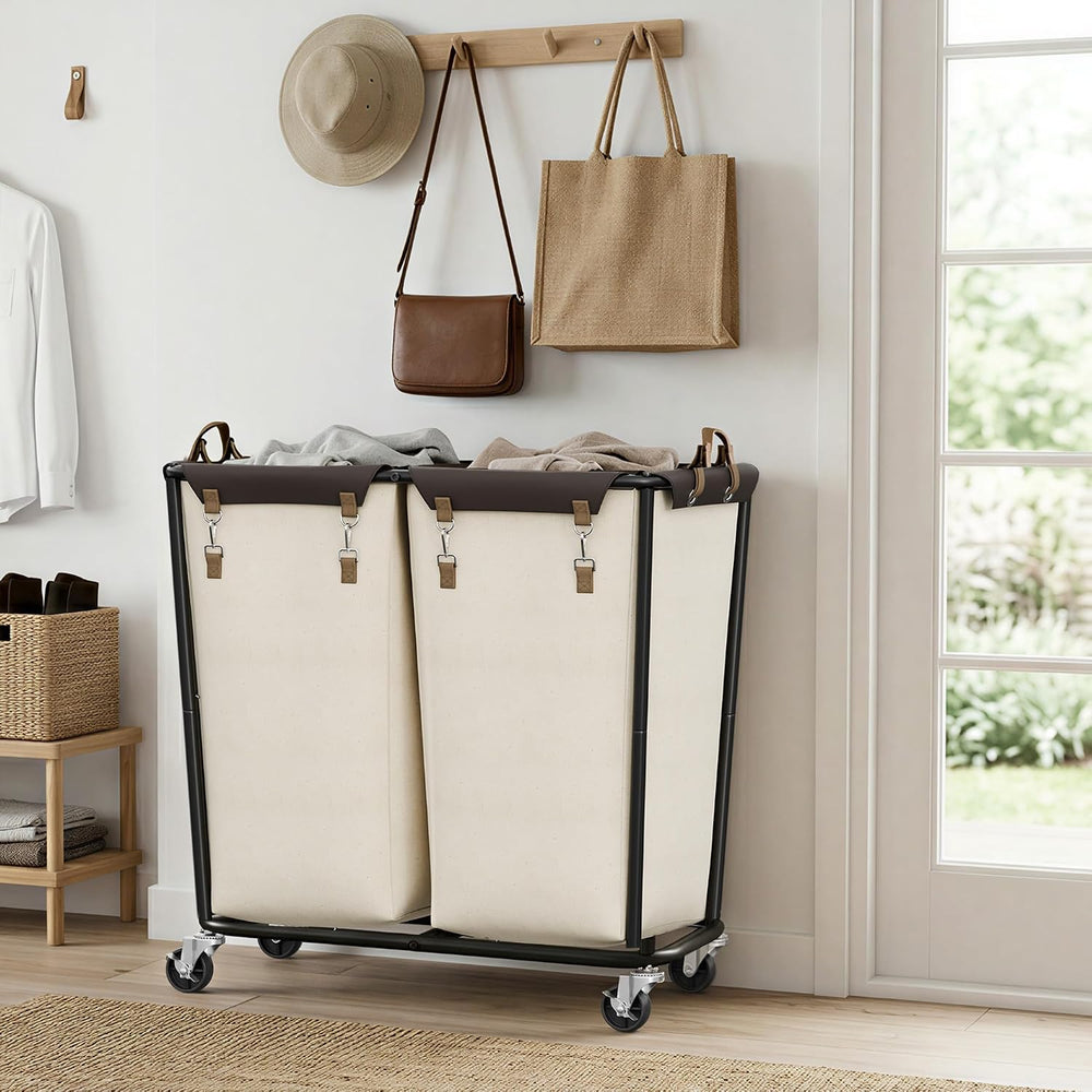 StorageWorks 2 Section Laundry Hamper, 330L Extra Large Beige Rolling Cart