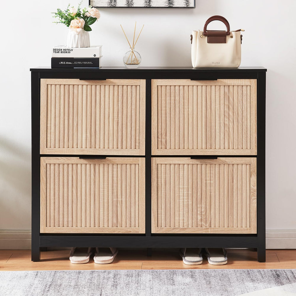 4-Flip Drawer Shoe Cabinet Narrow Entryway Rack, Oak & Black