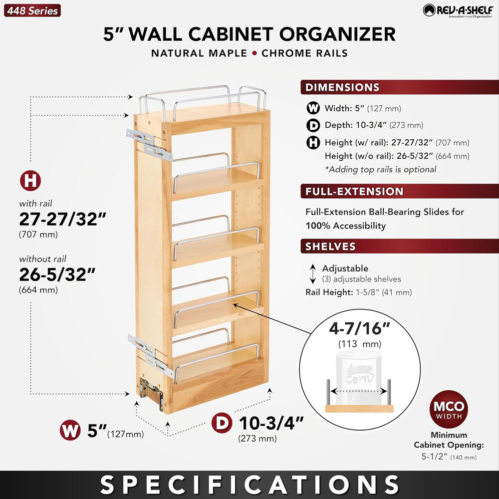 Rev-A-Shelf Maple Pullout Organizer for Wall Kitchen Cabinets, Full Extension...