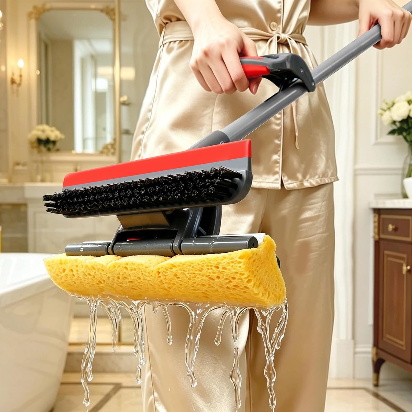 Sponge Mop for Floor Cleaning, Home Commercial Pop-up Cellulose Sponge Roller Mop with 2 Refill Heads, Includes Squeegee and Brush for Hardwood Tile Concrete Bathroom Kitchen Wall Ceiling