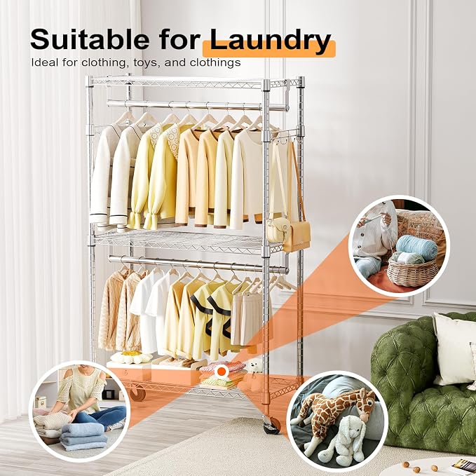 Heavy Duty Rolling Garment Rack 3 Tiers Adjustable Wire Shelving Clothes Rack - Image 5