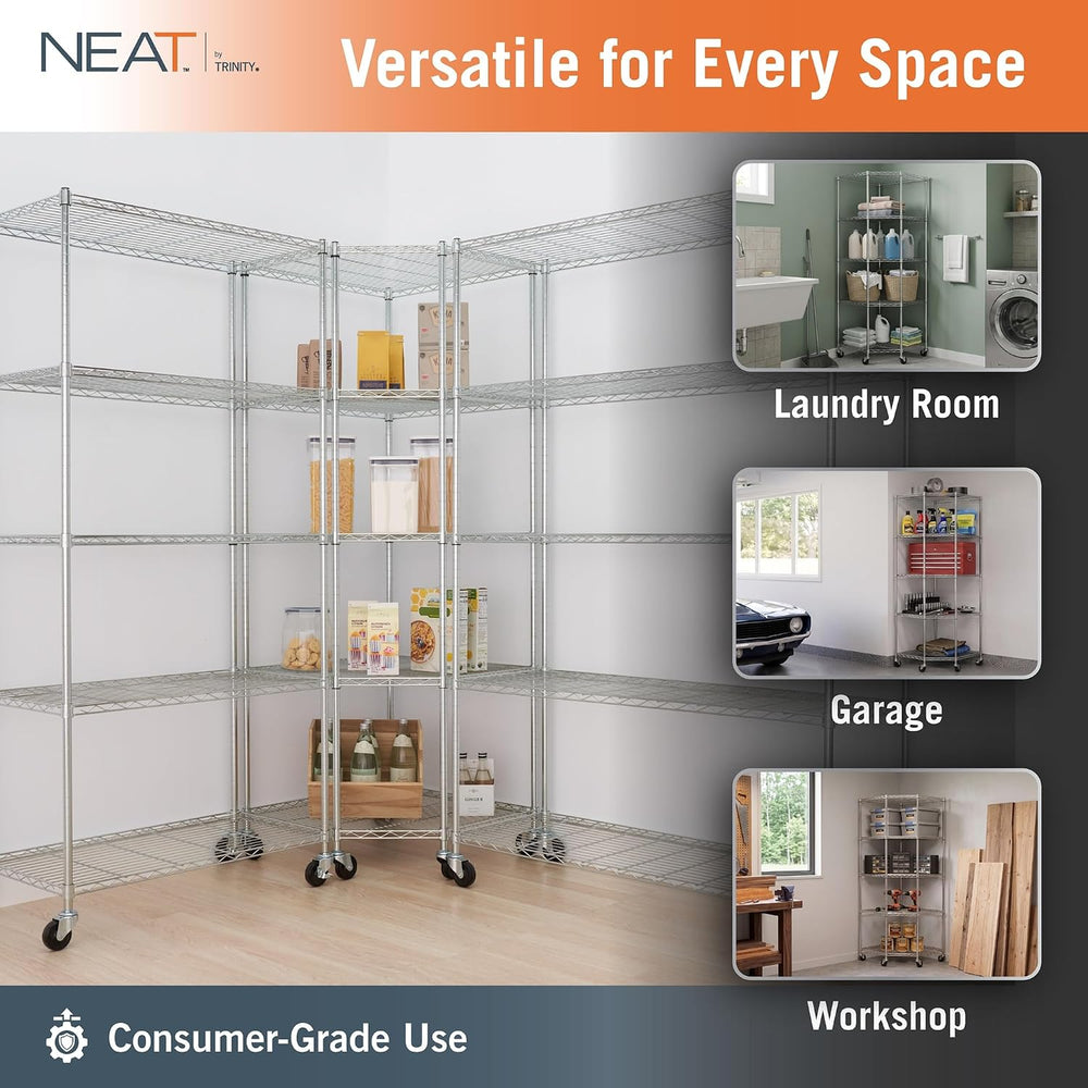 5-Tier Adjustable Wire Shelving with Wheels, Corner Wire Shelf Rack for Kitch...
