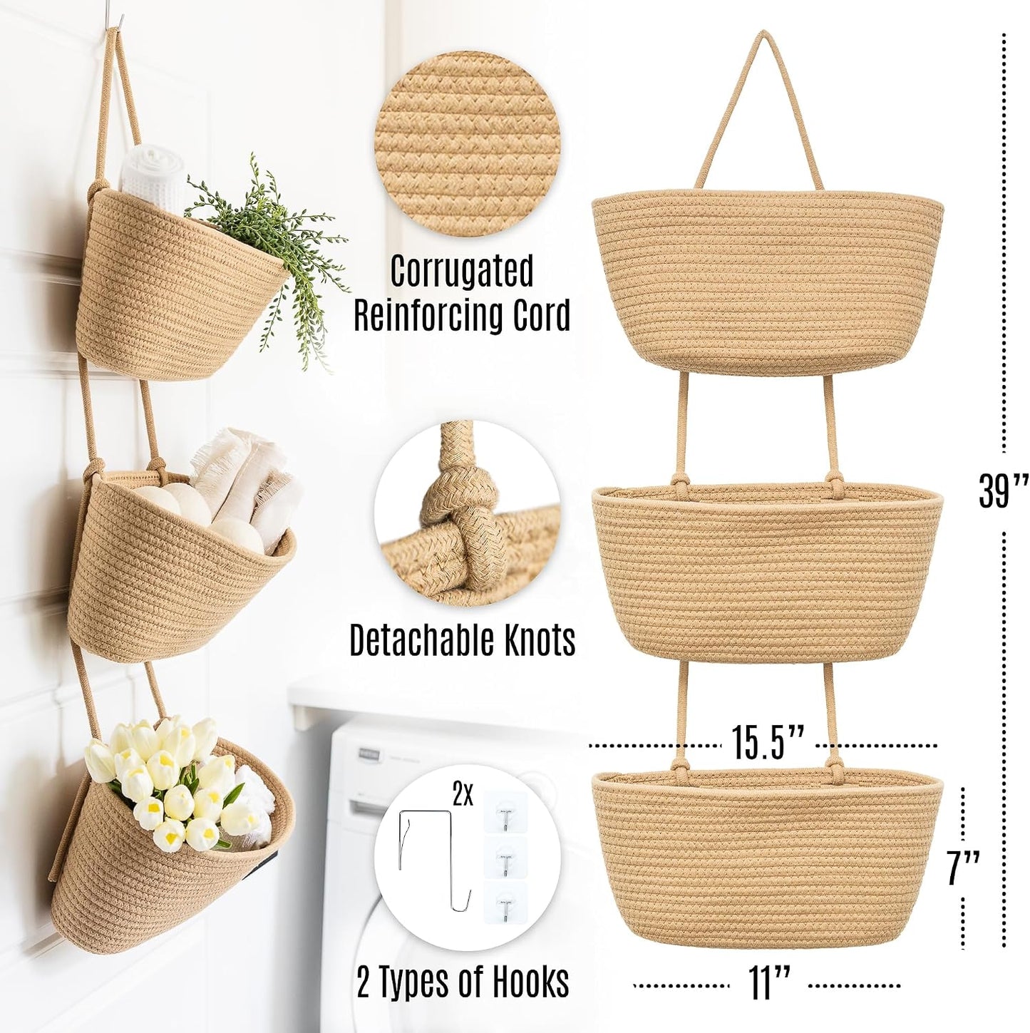 3-Tier Over the Door Hanging Basket (Set of 2) Adjustable, Detachable Woven Storage Baskets with Wall and Door Hooks - Decorative Boho Organizer for Nursery, Playroom, Bedroom, Kitchen, Apartment