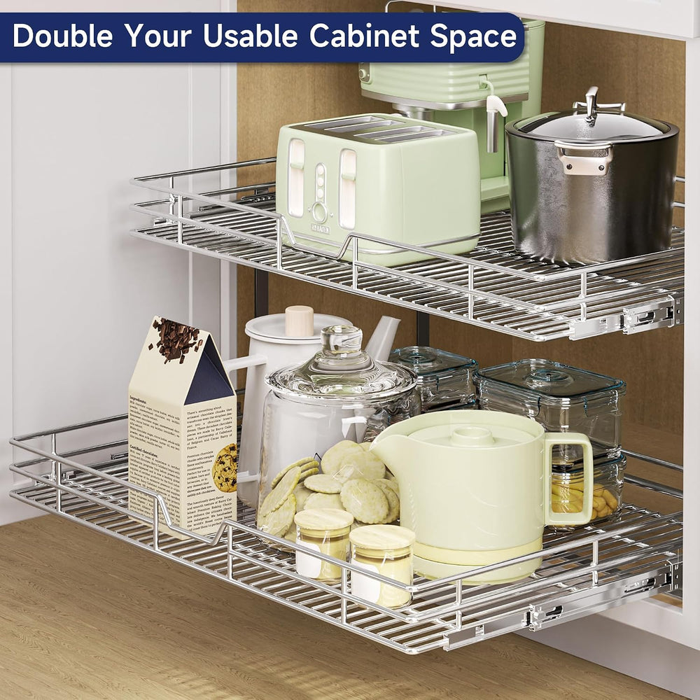 2-Tier Pull Out Cabinet Organizer, 27" W x 21.5" D, Heavy Duty Dual...