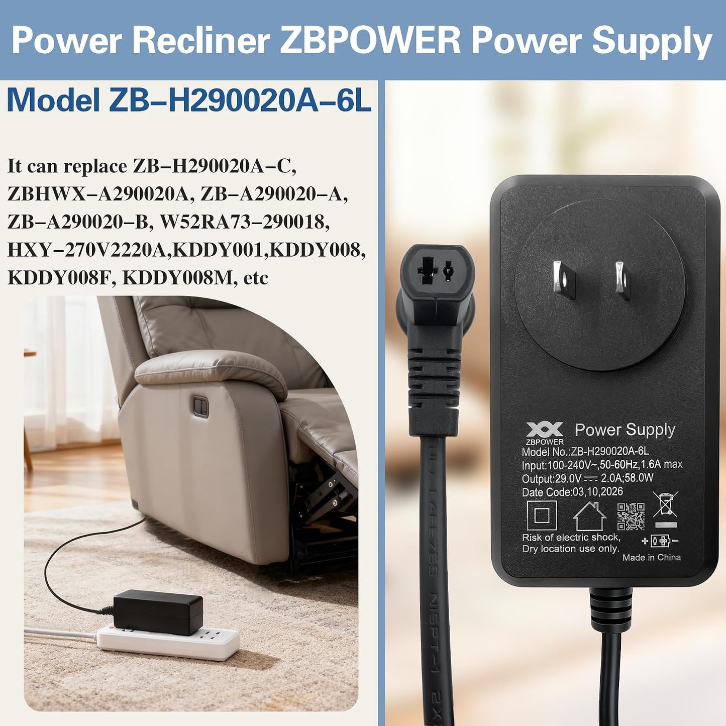 Power Recliner ZBPOWER Wall Power Supply Model ZB-H290020A-6L 29V 2A Wall Switching Adapter for Electric Sofa Lift Chairs