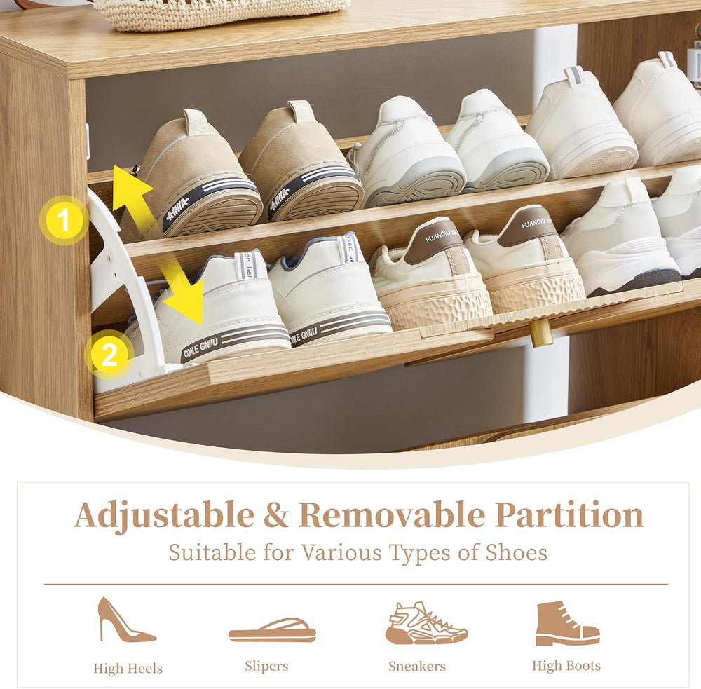 BERRYMERRY Natural Shoe Cabinet with 2 Flip Drawers Fluted Recessed