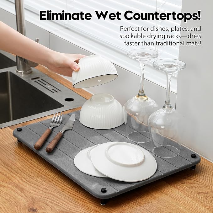 Stone Dish Drying Mat for Kitchen Counter, Water Absorbing Bathroom Tray Sink - Image 3
