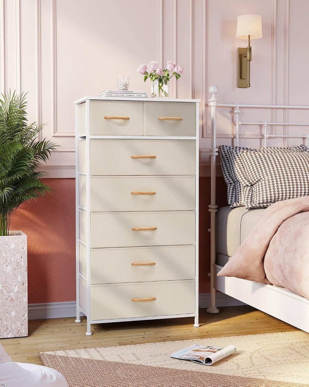 Fabric Dresser with 7 Drawers, Vertical Storage Tower (Beige)