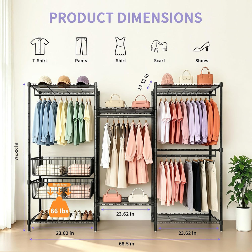 Heavy Duty Clothes Rack, Garment Rack with 4 Hanging Rods, 6 Adjustable Wire ...