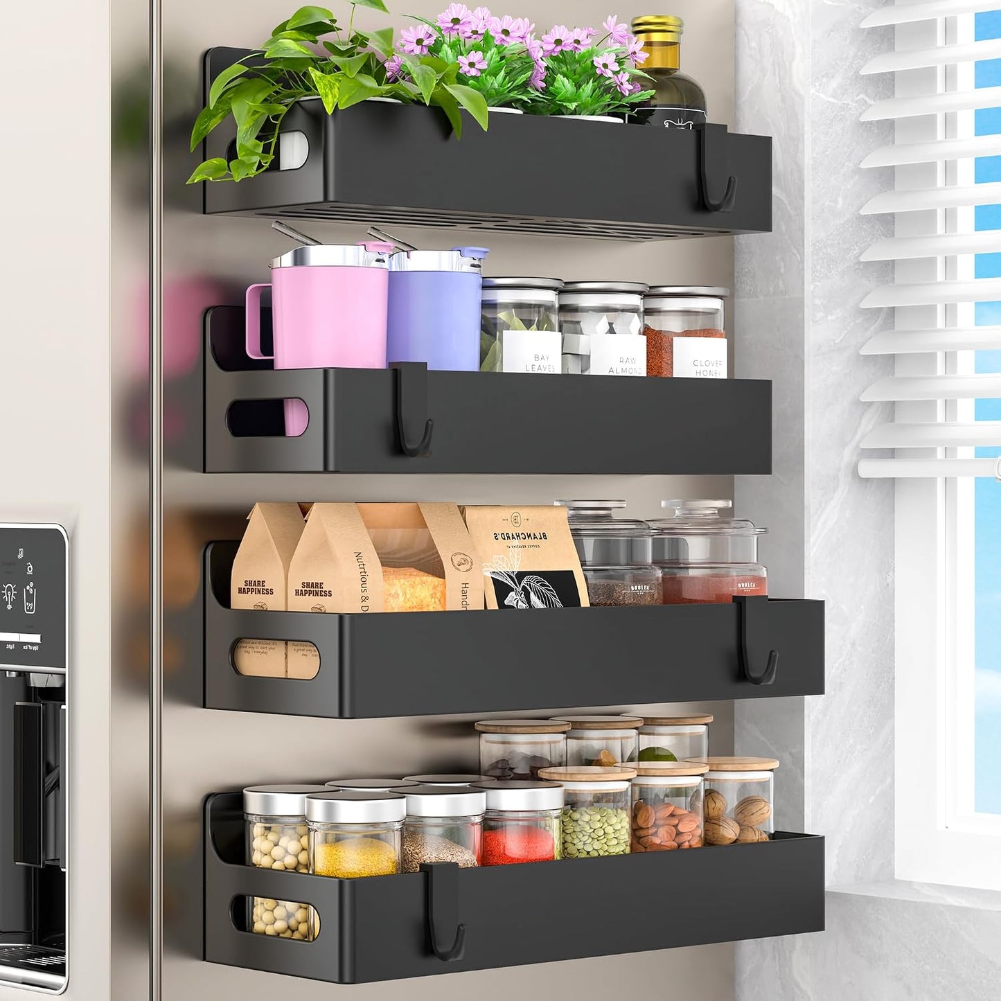 Black Magnetic Spice Rack for Refrigerator, 4 Pack | Kitchen Magnetic Shelf for Fridge, Spice Organizer and Storage, Baby Bottle Holder for Fridge, Magnetic Tea Bag Organizer