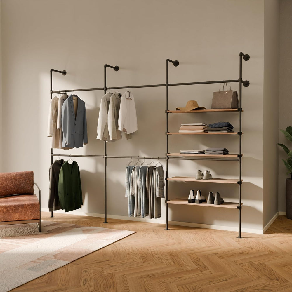 pamo Wall Mounted Clothing Rack with Oak Sheves – 117" W × 87" H, 1...