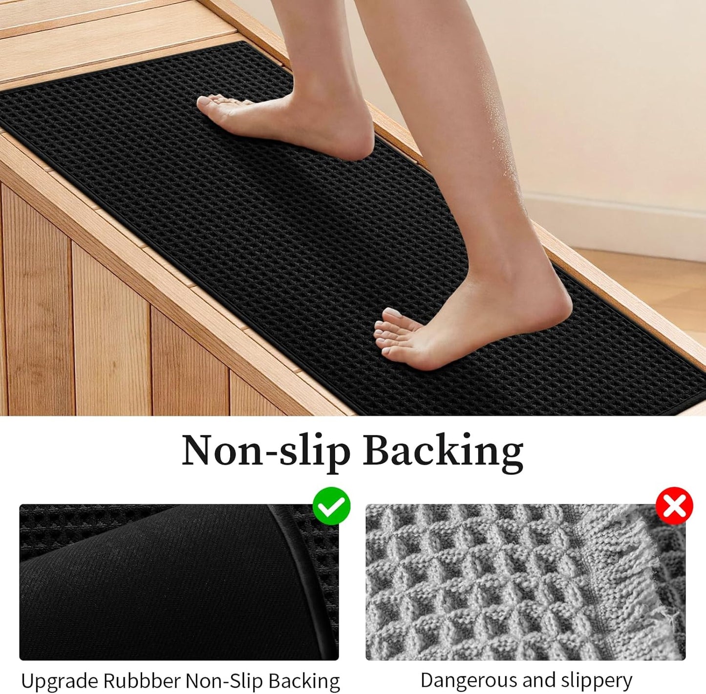 YIHOUSE Waffle Bath Mat Set, Ultra Soft & Absorbent Bathroom Rug Set, Non-Slip Rubber Backed, Quick Dry Shower Mat, Boho Farmhouse Bathroom Decor, Machine Washable, Black, 2 PCS