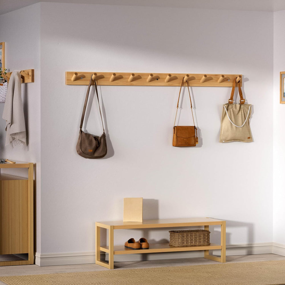 SKOLOO Wall Mounted Coat Rack 38", 10 Hooks, Bamboo, Shaker Style, Natural