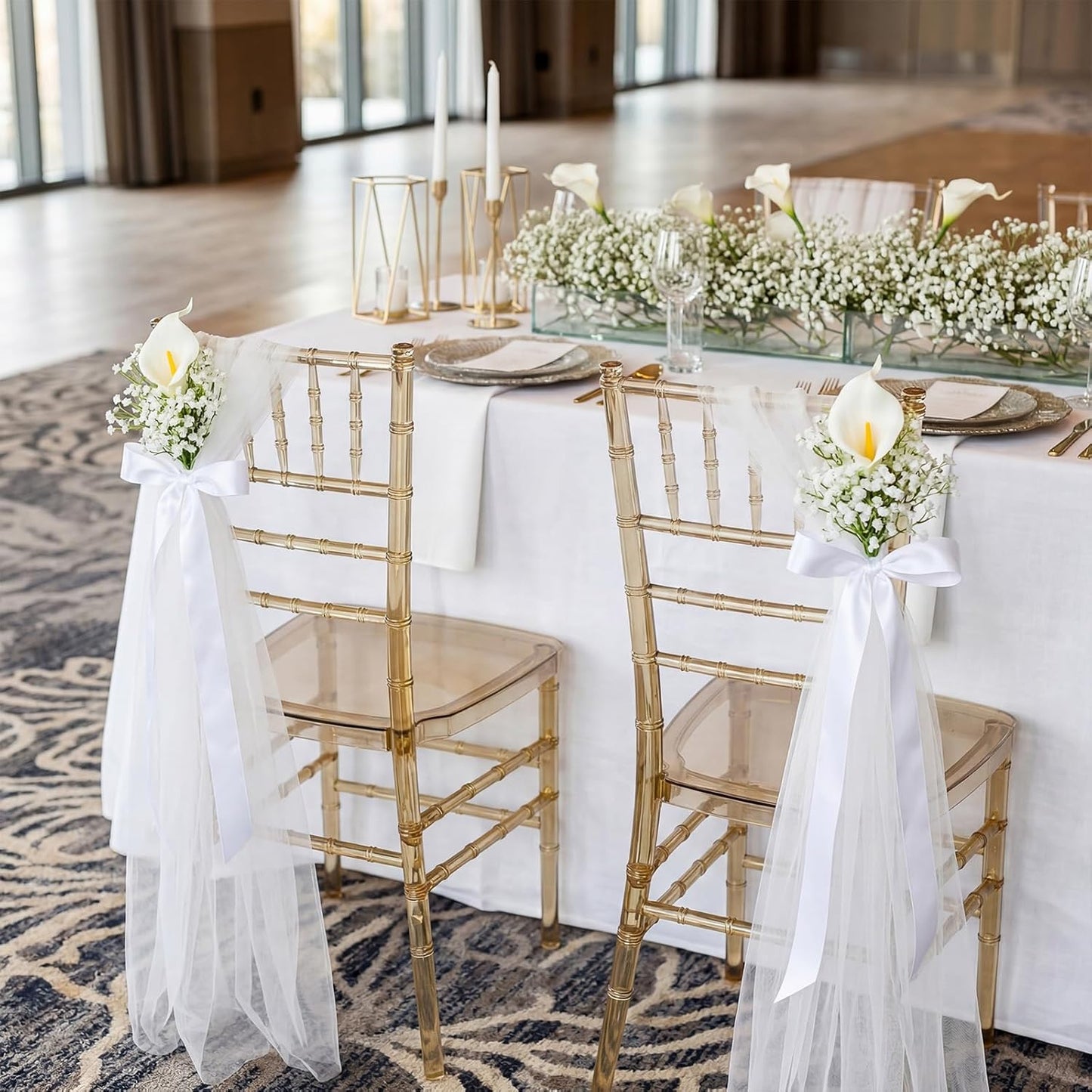 24 Set Wedding Aisle Chair Decorations Pew Flowers White Tulle Tails Chair Sashes with Ribbons and Artificial Baby's Breath for Wedding Church Ceremony Chairs Banquet Bulk (White Calla Lily)