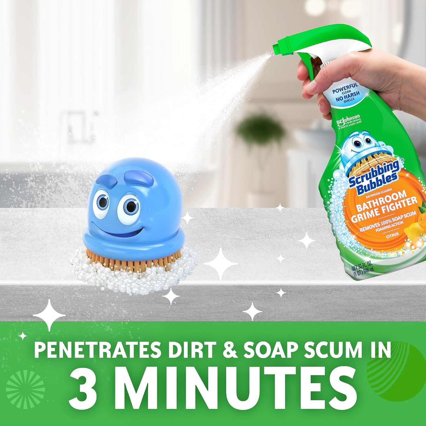 Scrubbing Bubbles Bathroom and Shower Cleaner Disinfectant Spray, Bathroom Grime Fighter, Citrus Scent, 32oz