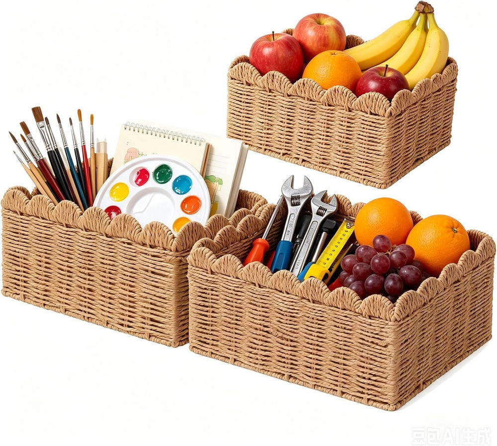 3 Pcs Wicker Storage Baskets for Shelves Picnic Basket,Scalloped Baskets, Han...