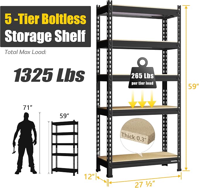 PrimeZone Storage Shelves 4 Pack 5 Tier Adjustable Garage Storage Shelving - Image 3